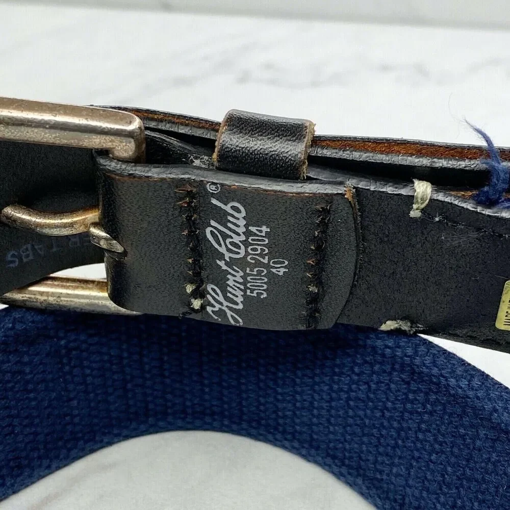 Hunt Club Blue Web Belt Brown Leather Trim Silver Buckle Size 40 ✨